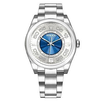 Rolex Oyster Perpetual silver and blue dial arabic 116000